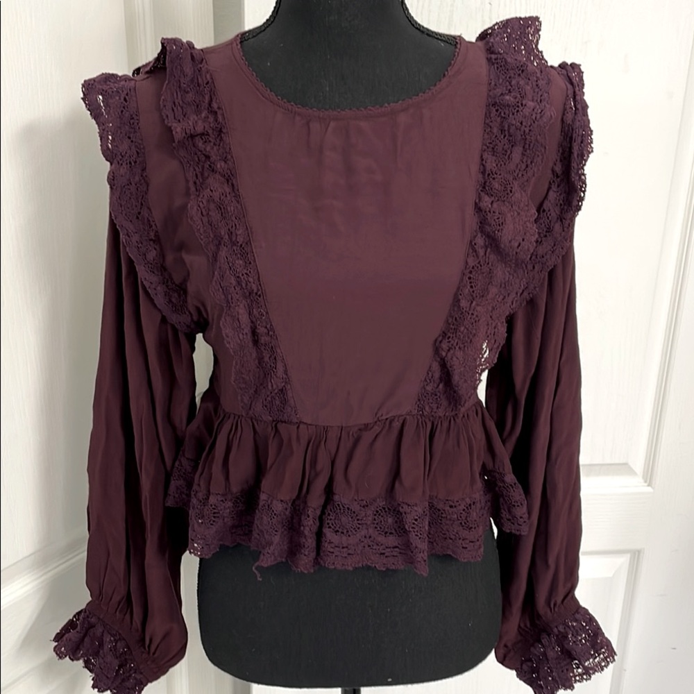 Free People victorian style cropped top XS lace peplum burgundy retro cottage